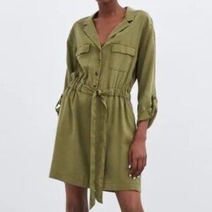 ZARA Olive Green Belted Button Shirt Mini Dress S